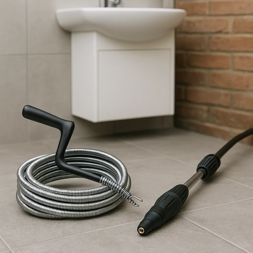 Ontstoppingsveer en hogedrukreiniger naast afvoer in badkamer