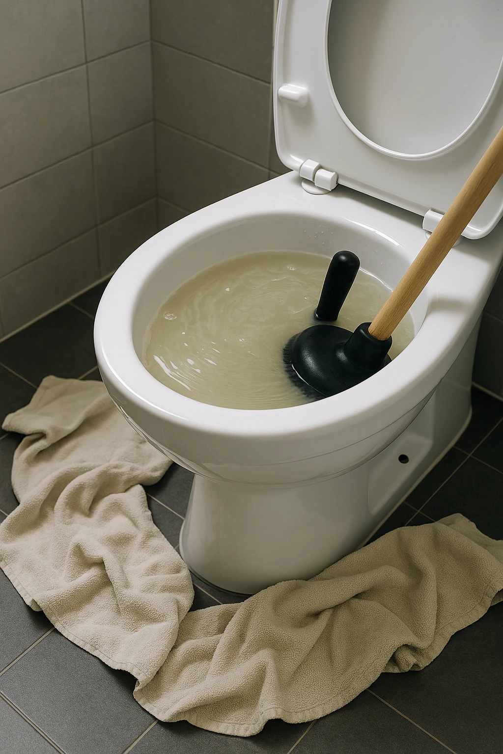 Verstopt toilet met ontstopper in het water en handdoeken rond de voet voor bescherming tegen lekkage.