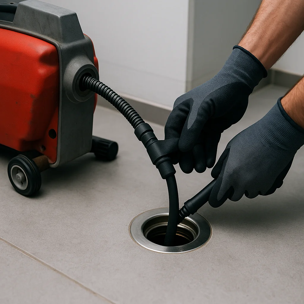 professionele ontstopper voert reiniging uit bij vloerafvoer