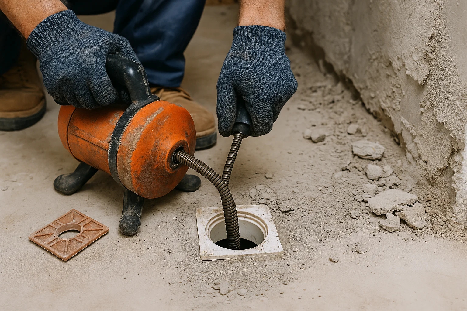 Monteur reinigt een verstopte afvoer met professioneel gereedschap na bouwwerkzaamheden.