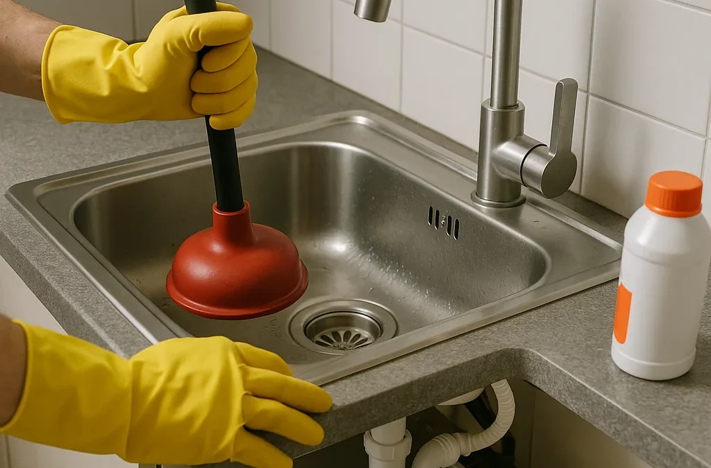 loodgieter gebruikt plopper in moderne keuken om afvoer te ontstoppen