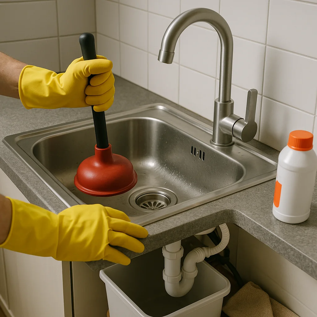 loodgieter gebruikt plopper in moderne keuken om afvoer te ontstoppen