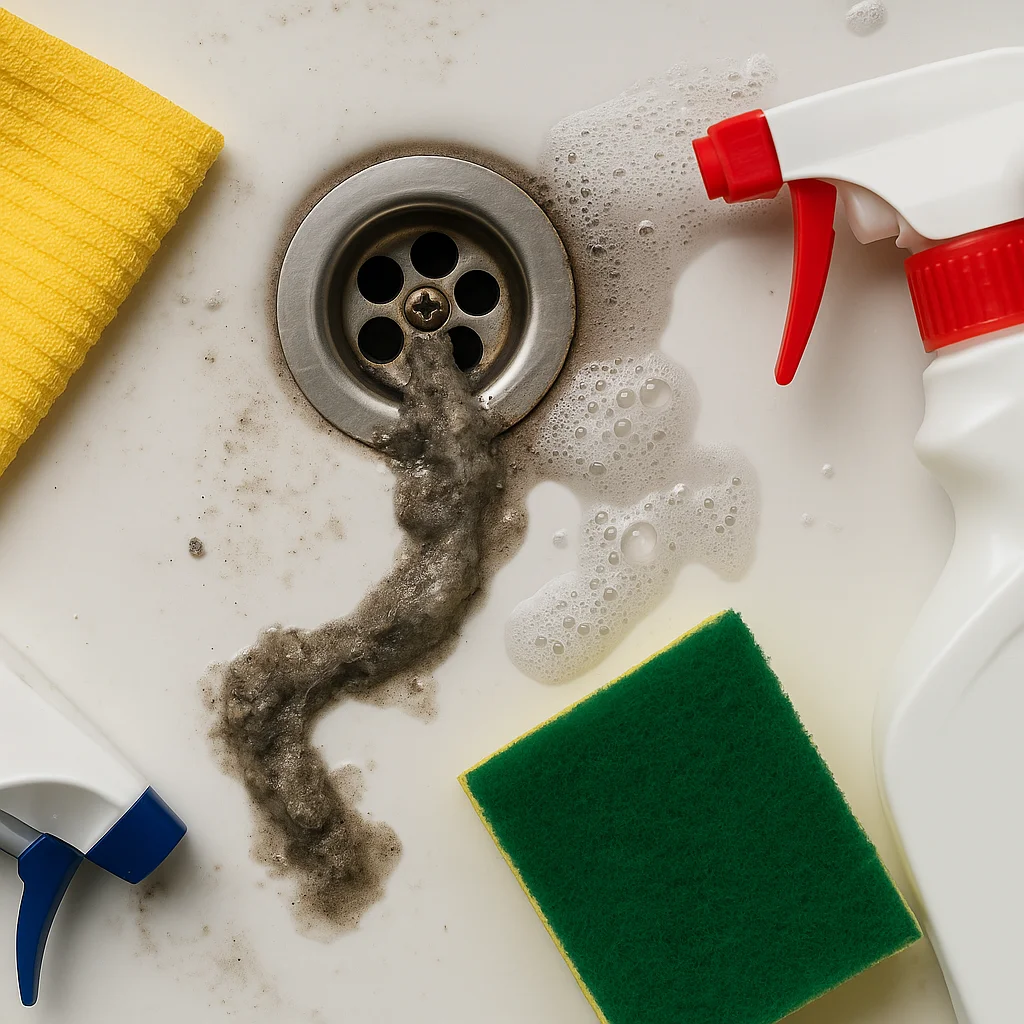 Verstopte wastafel met schoonmaakmiddelen en schuim rond de afvoer.