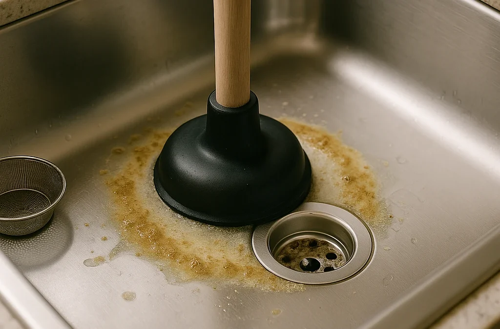 Plopper in een verstopte roestvrijstalen gootsteen met vetresten rond de afvoer.