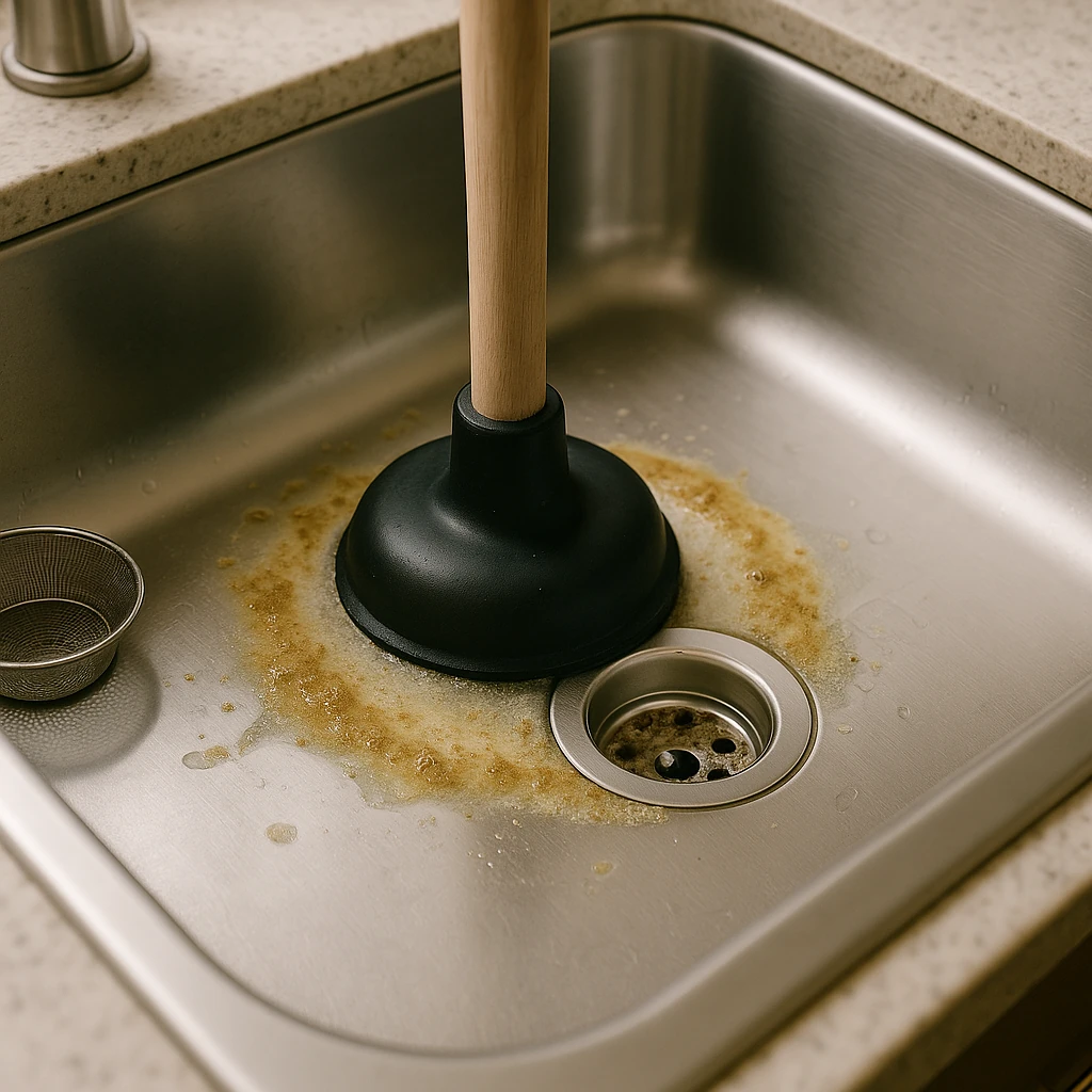 Plopper in een verstopte roestvrijstalen gootsteen met vetresten rond de afvoer.