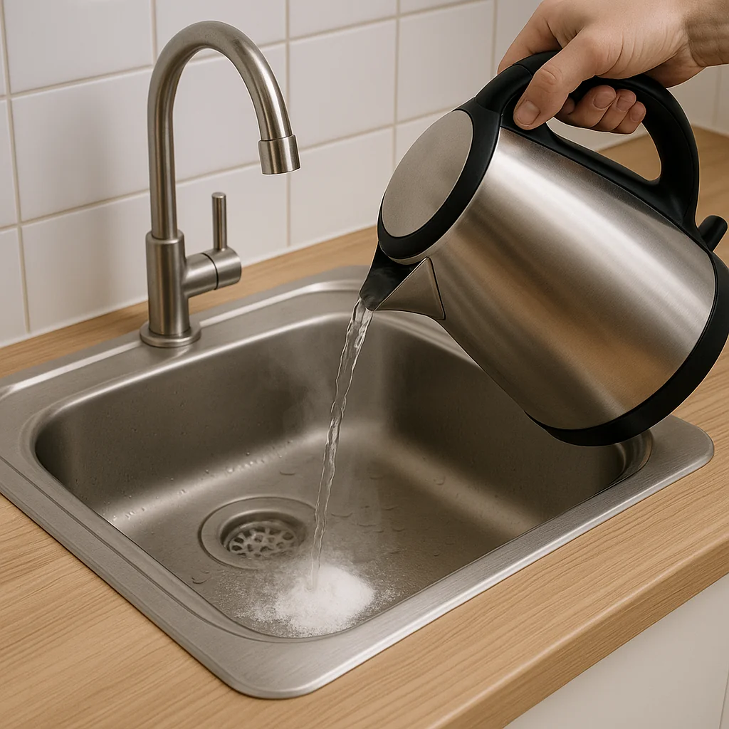 Gootsteen met heet water en soda tijdens reiniging.