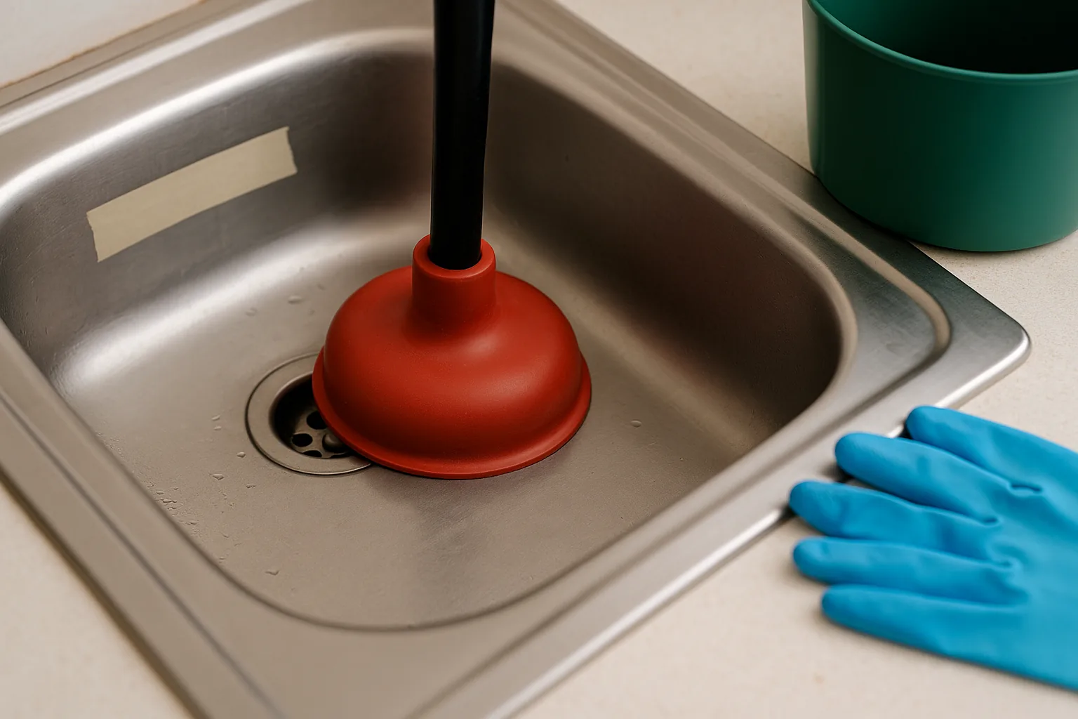 RVS-keukenspoelbak met plopper op de afvoer, afgedekt overloopgaatje en blauwe schoonmaakhandschoenen op het aanrecht.