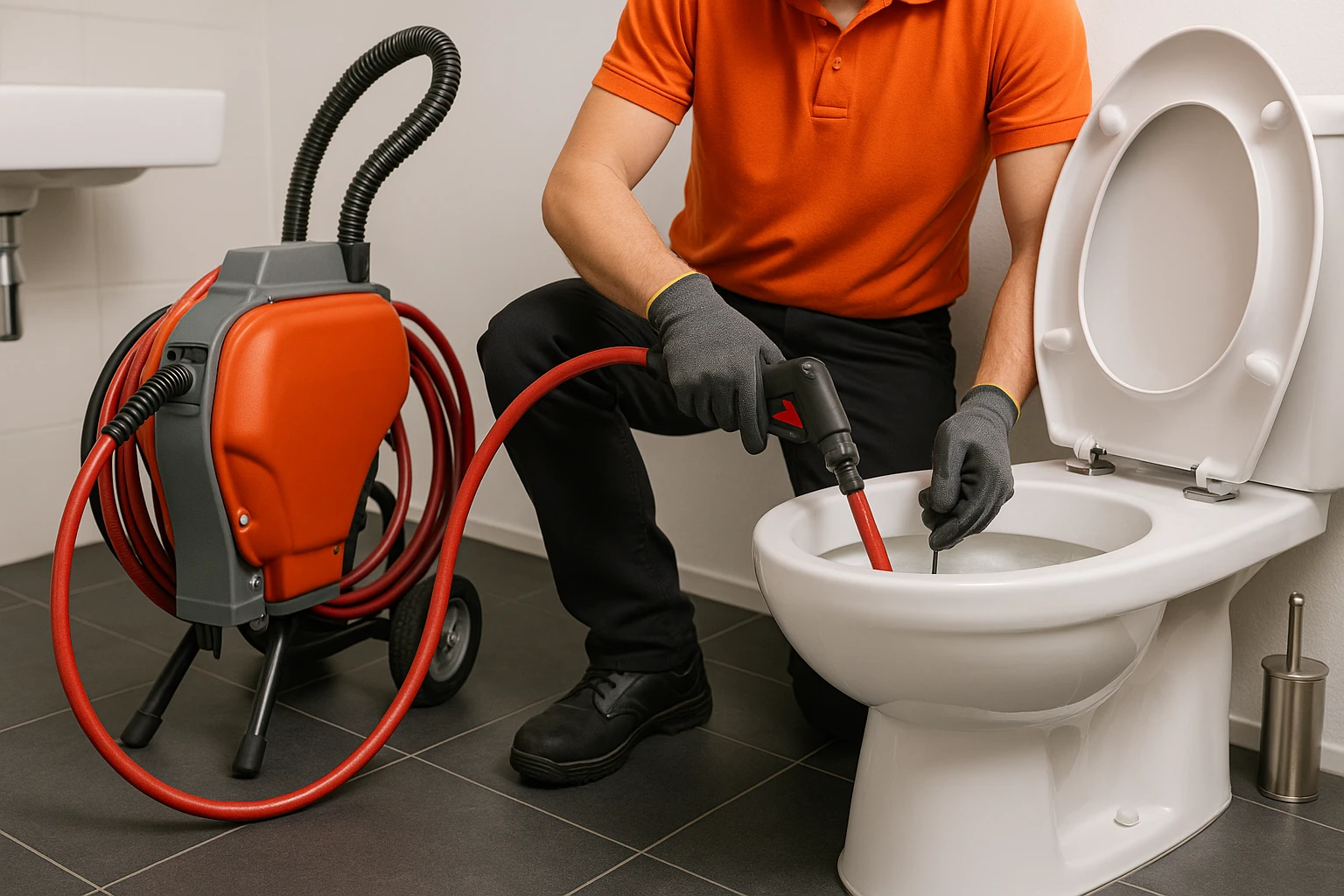 Loodgieter ontstopte toilet met hogedrukmachine in moderne badkamer