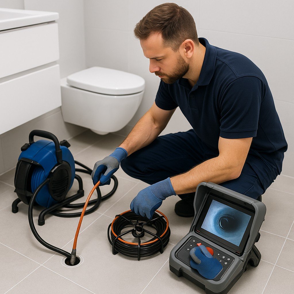 Monteur inspecteert afvoer met rioolcamera in moderne badkamer.