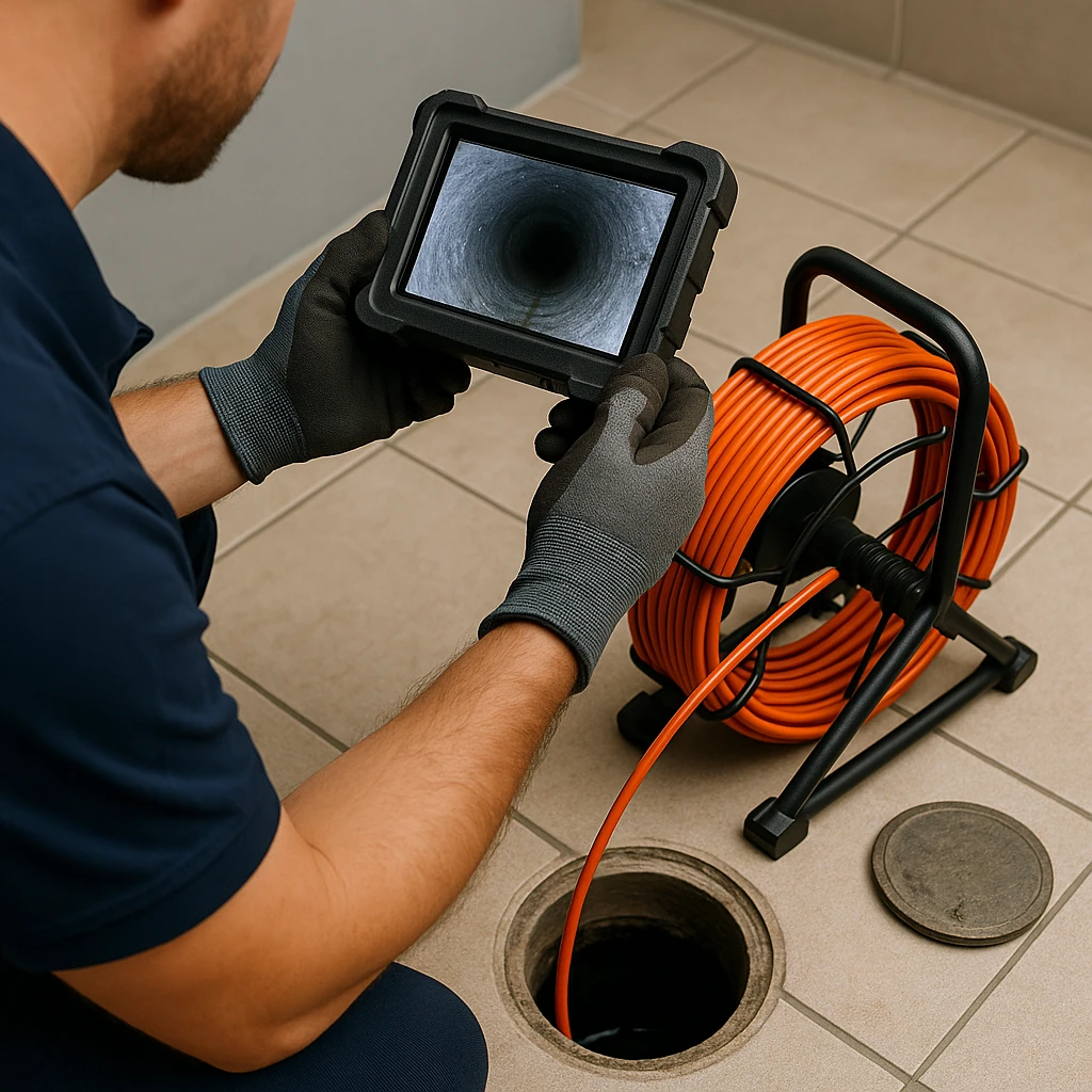 Monteur voert rioolinspectie uit met camera en oranje kabel op tegelvloer.