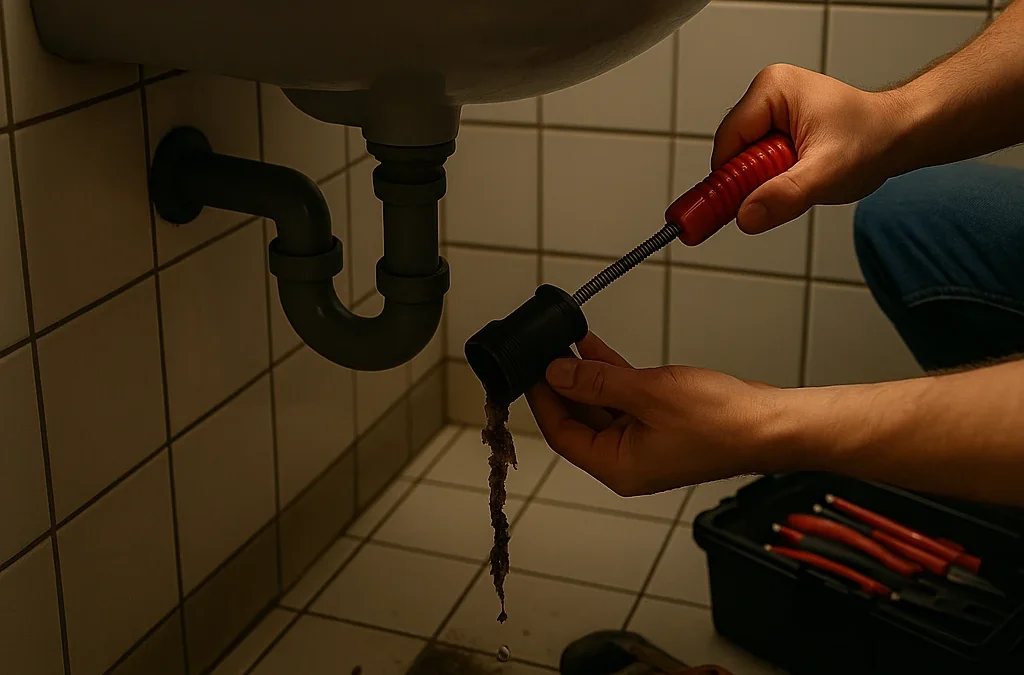 Loodgieter maakt een verstopte afvoer schoon met een veer onder een wastafel; zichtbaar zijn een sifon, gereedschap en vuilresten op de tegelvloer.