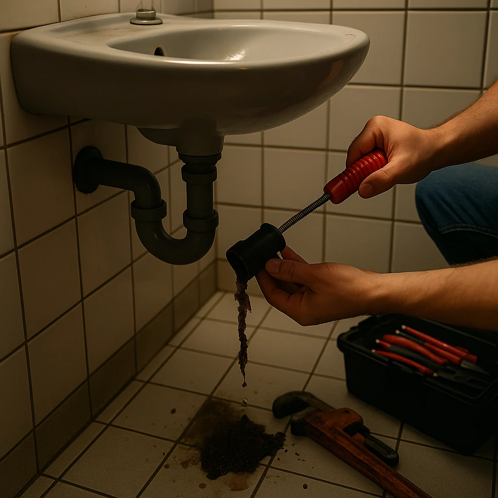 Loodgieter maakt een verstopte afvoer schoon met een veer onder een wastafel; zichtbaar zijn een sifon, gereedschap en vuilresten op de tegelvloer.