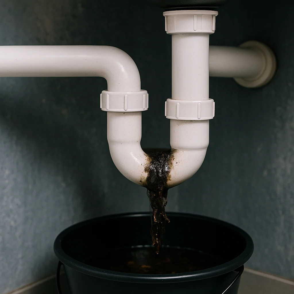 verstopte sifon onder gootsteen met lekkend vuil water