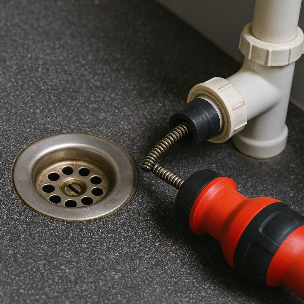 Close-up van een afvoer met een ontstoppingsveer die in de leiding wordt ingebracht.