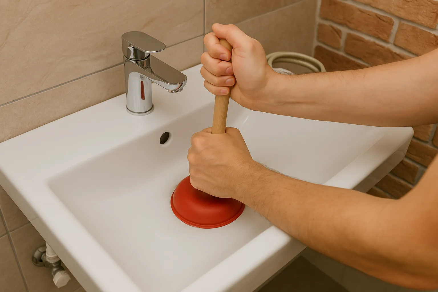 Handen gebruiken een rode plopper in een witte wasbak om een verstopping te verhelpen.