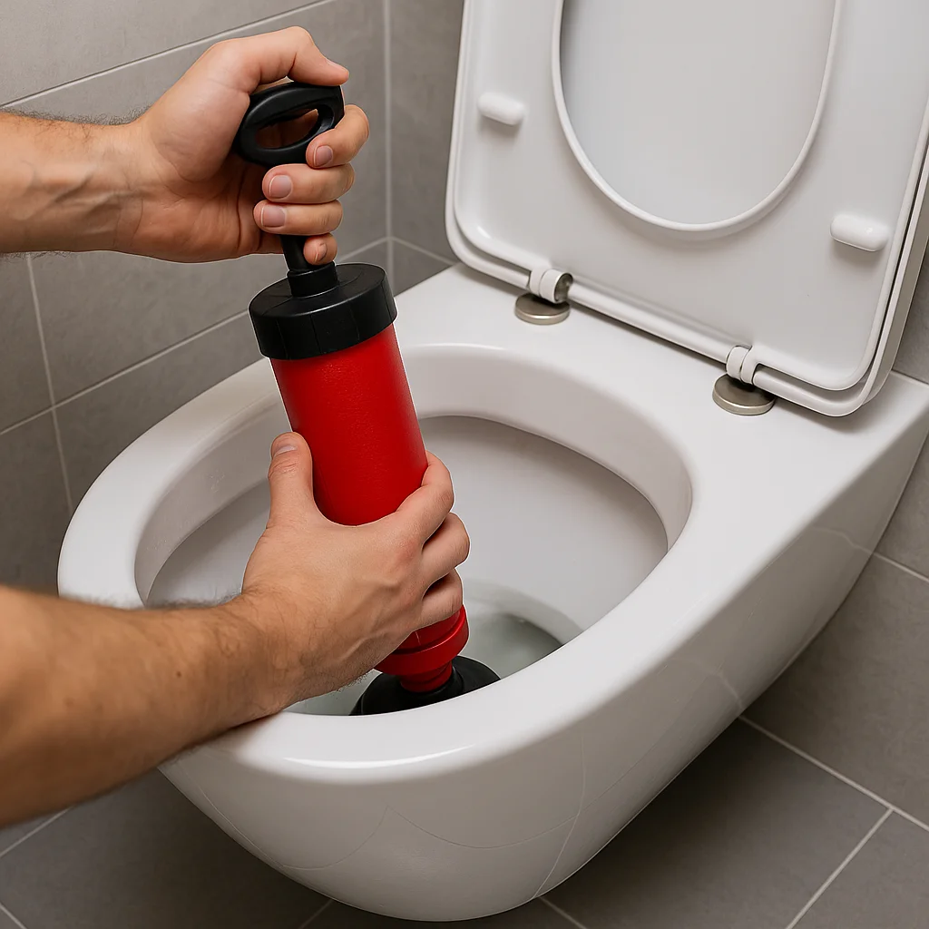 wc ontstopper met drukpomp in gebruik bij moderne toiletpot