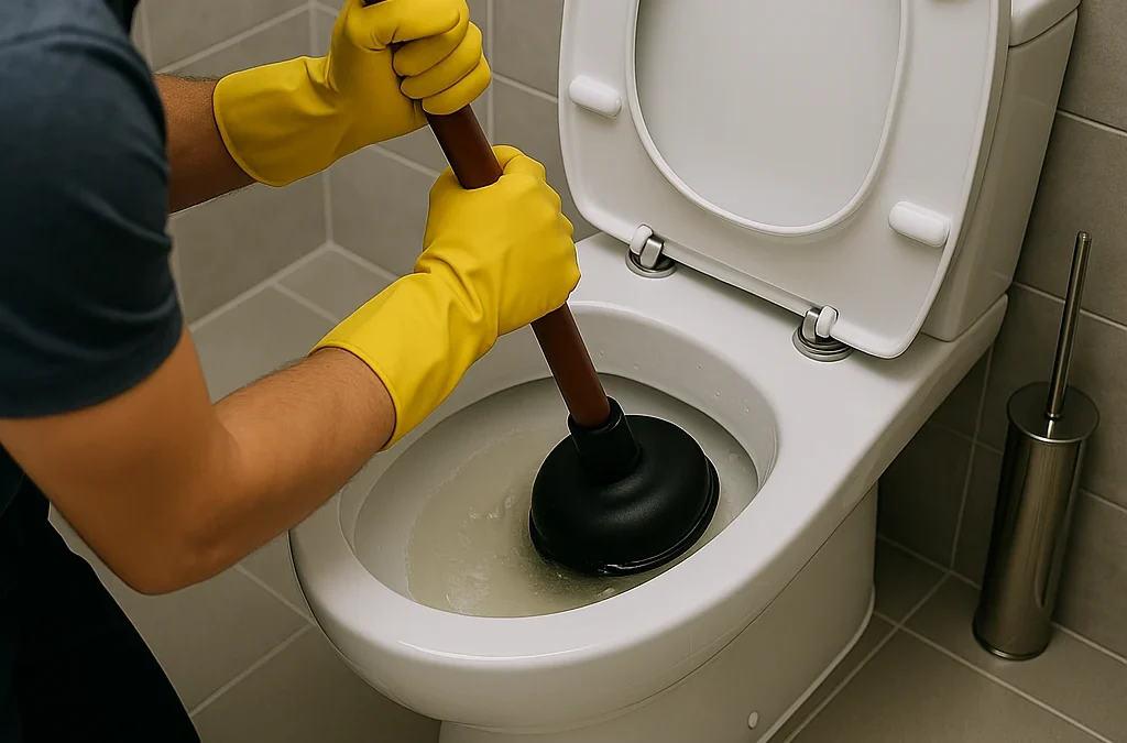 Loodgieter met gele handschoenen ontstopt wc met plopper in moderne badkamer.