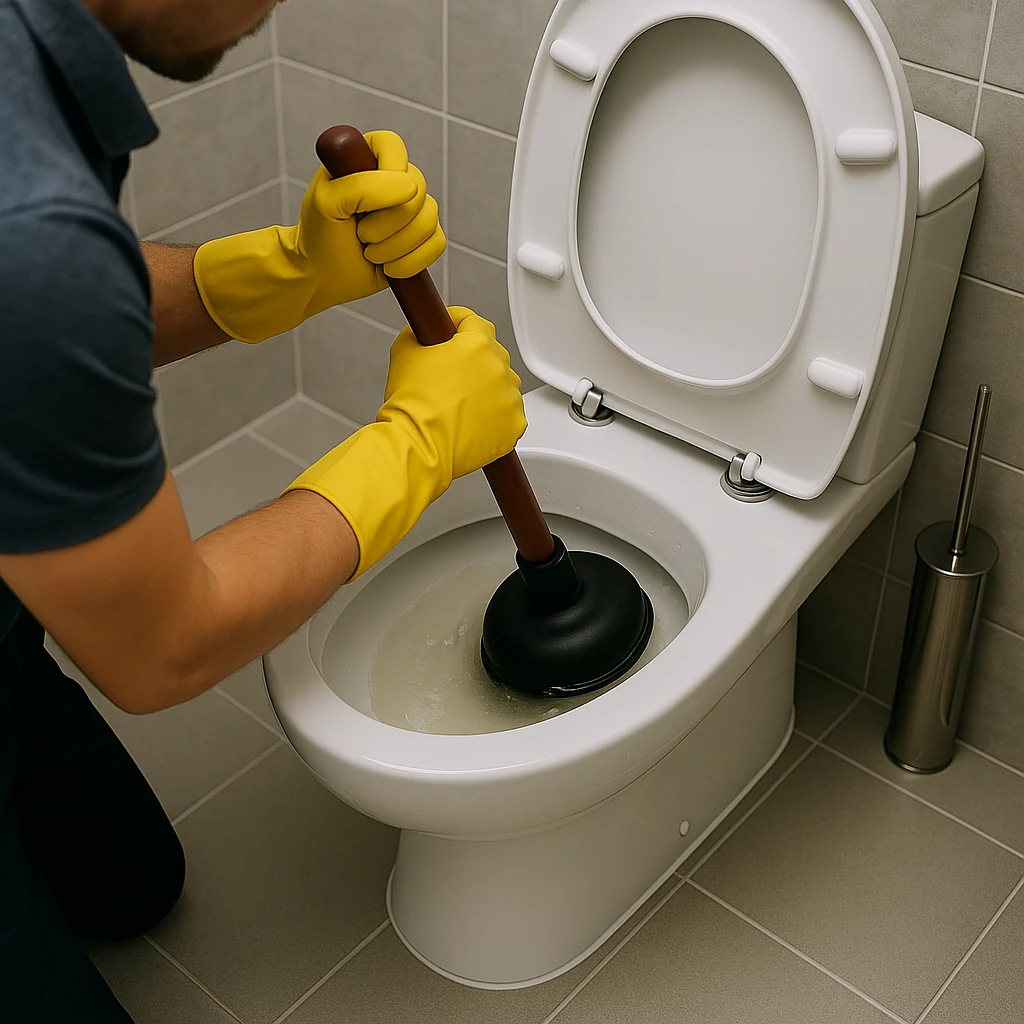 Loodgieter met gele handschoenen ontstopt wc met plopper in moderne badkamer.