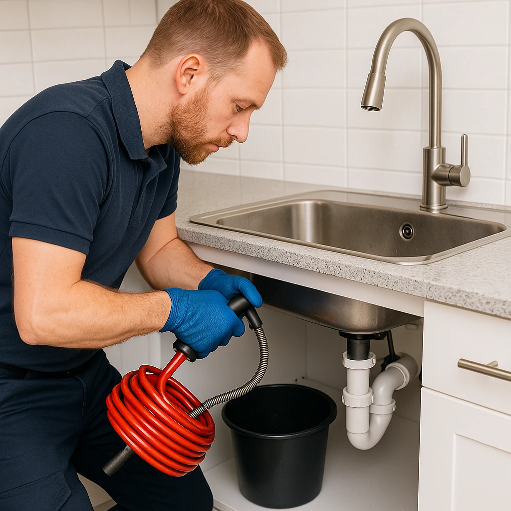 loodgieter ontstopt gootsteen in moderne keuken met metalen spoelbak en gereedschap