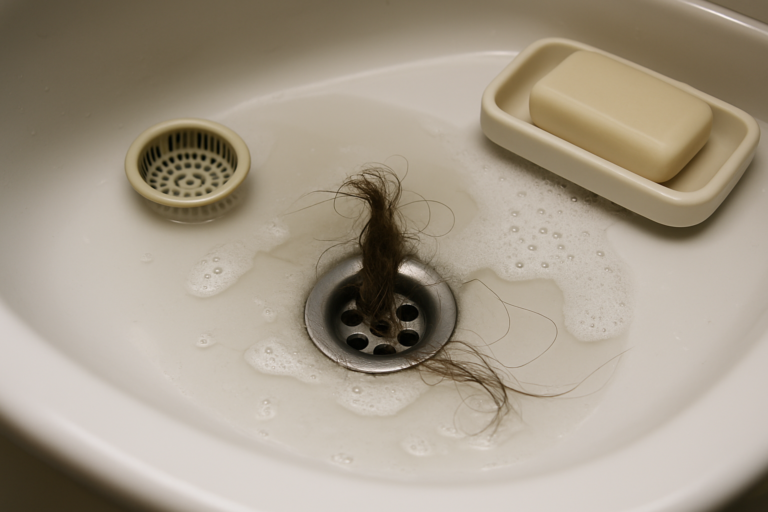"Close-up van een wastafel met een pluk haar die vastzit in de afvoer, omringd door sop en een zeepbakje."