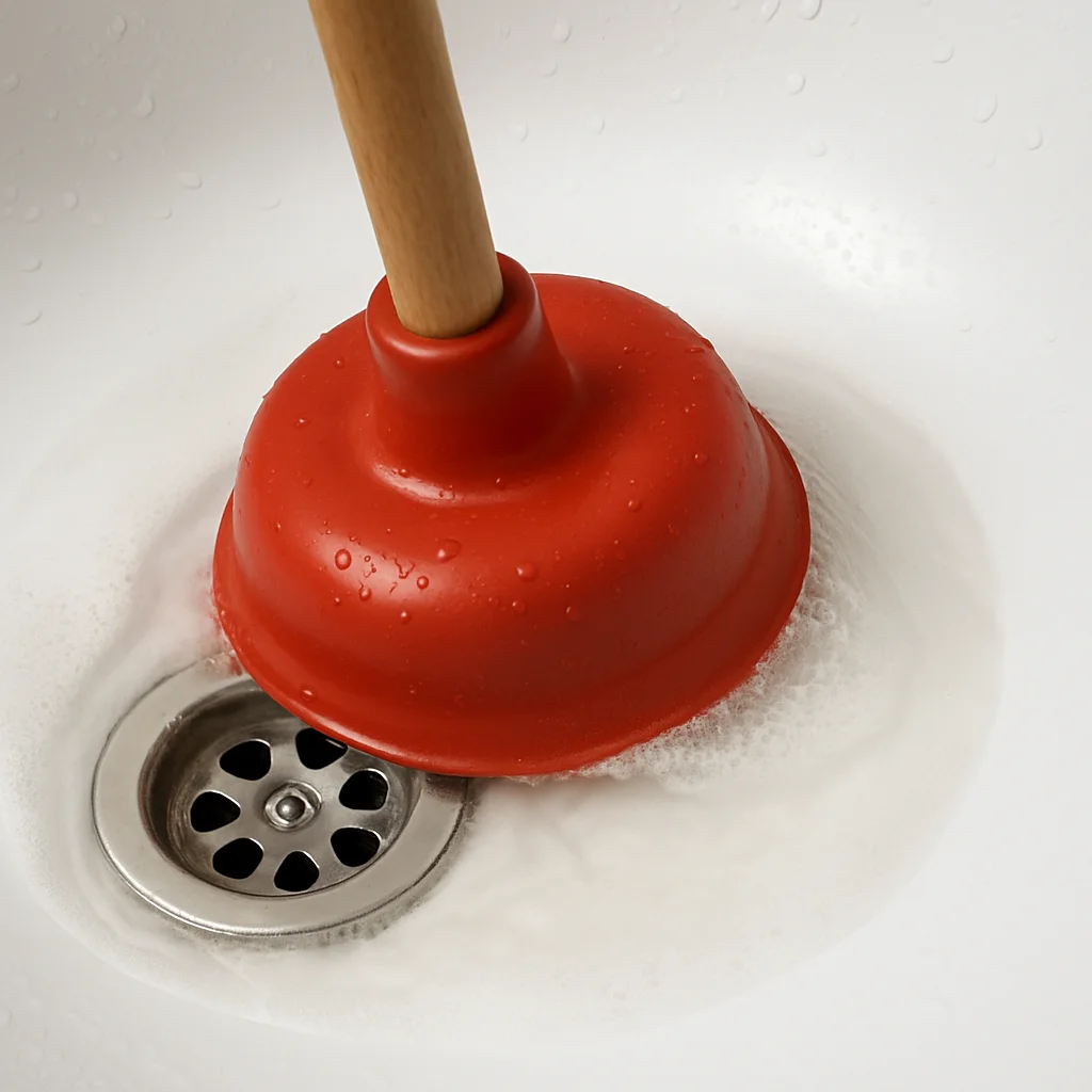 Rode plopper die in een witte wasbak op een verstopte afvoer wordt gebruikt.