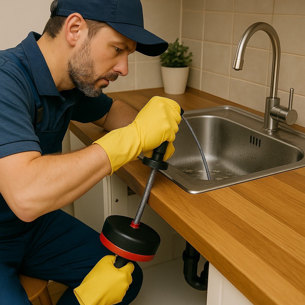 Monteur gebruikt een ontstopveer om een verstopte gootsteen professioneel vrij te maken