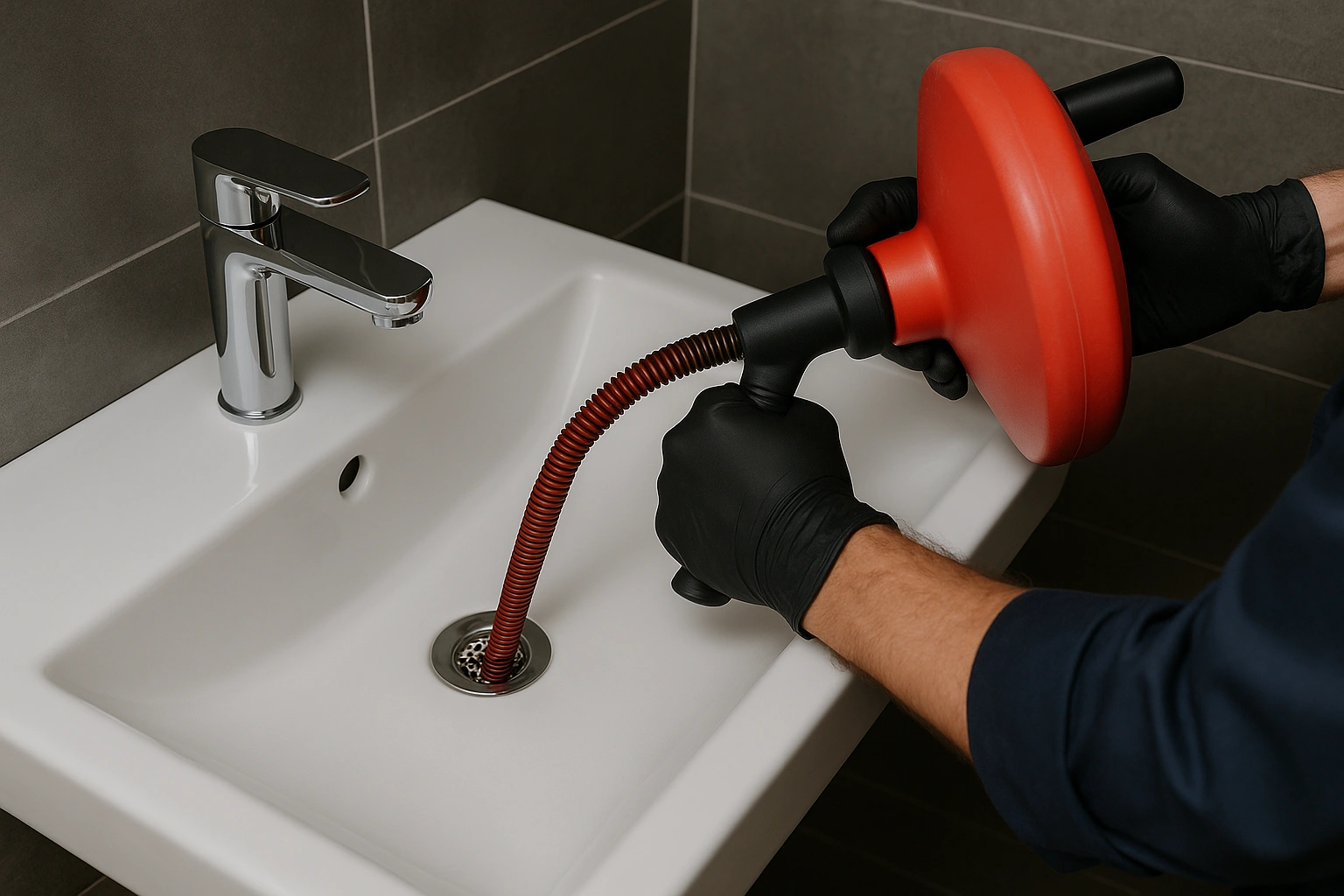 Een monteur gebruikt een professionele afvoerveer om een hardnekkige verstopping in een moderne wastafel te verwijderen.