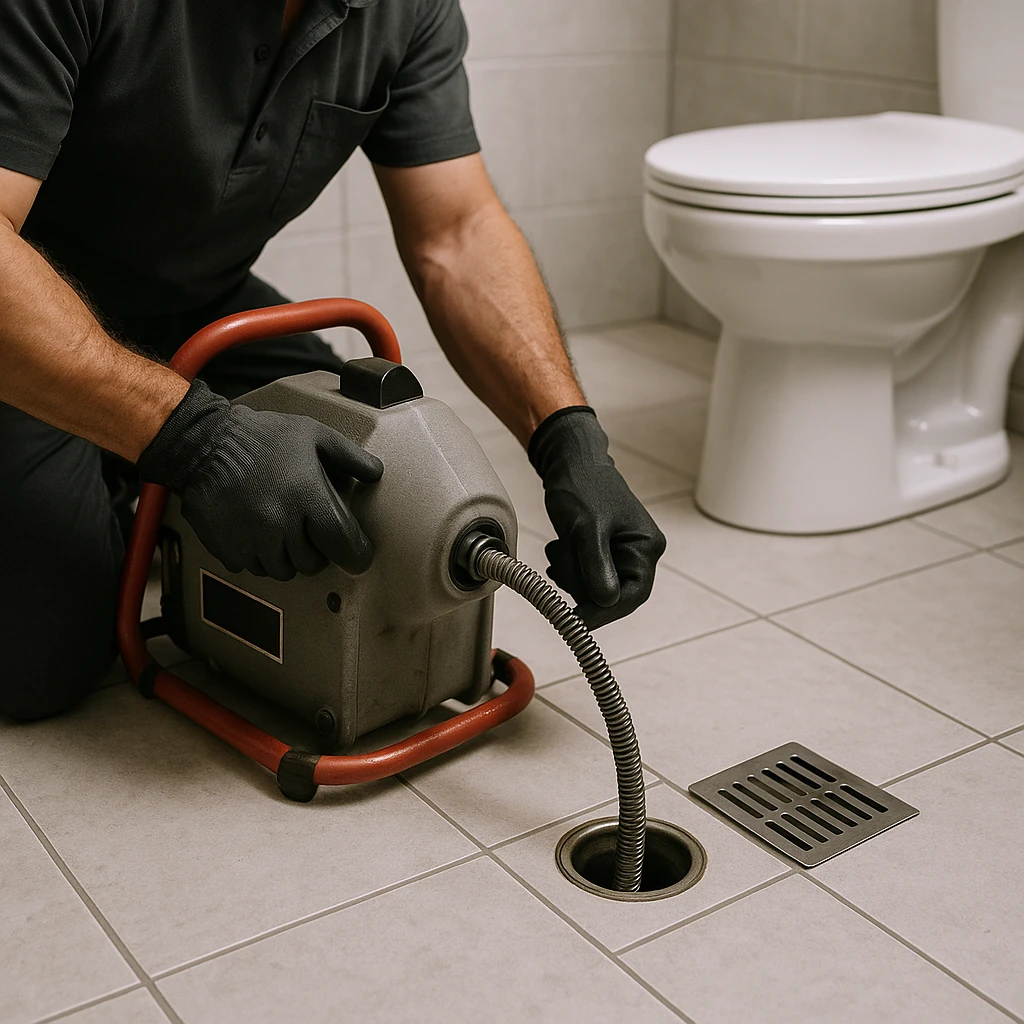 Rioolmonteur gebruikt elektrische veer om afvoer te ontstoppen in badkamer.