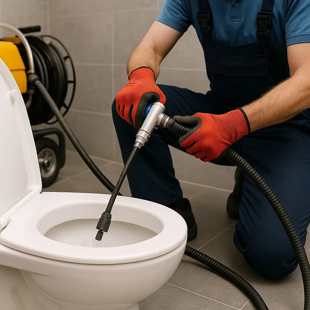 Monteur ontstopte wc met hogedrukspuit in nette badkamer