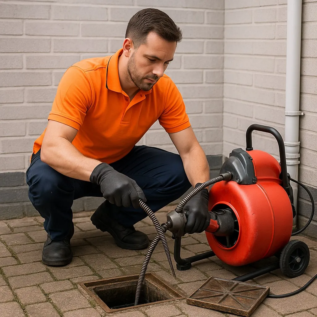Monteur van ontstoppingsbedrijf gebruikt rood veermachine bij buitenput.