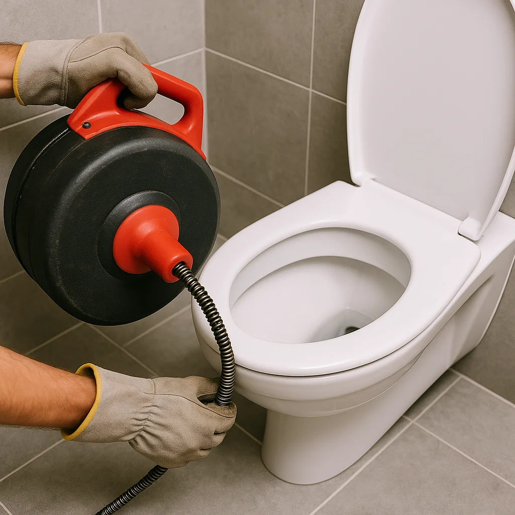 Technische ontstoppingsmachine aangesloten op een toilet in een moderne badkamer.
