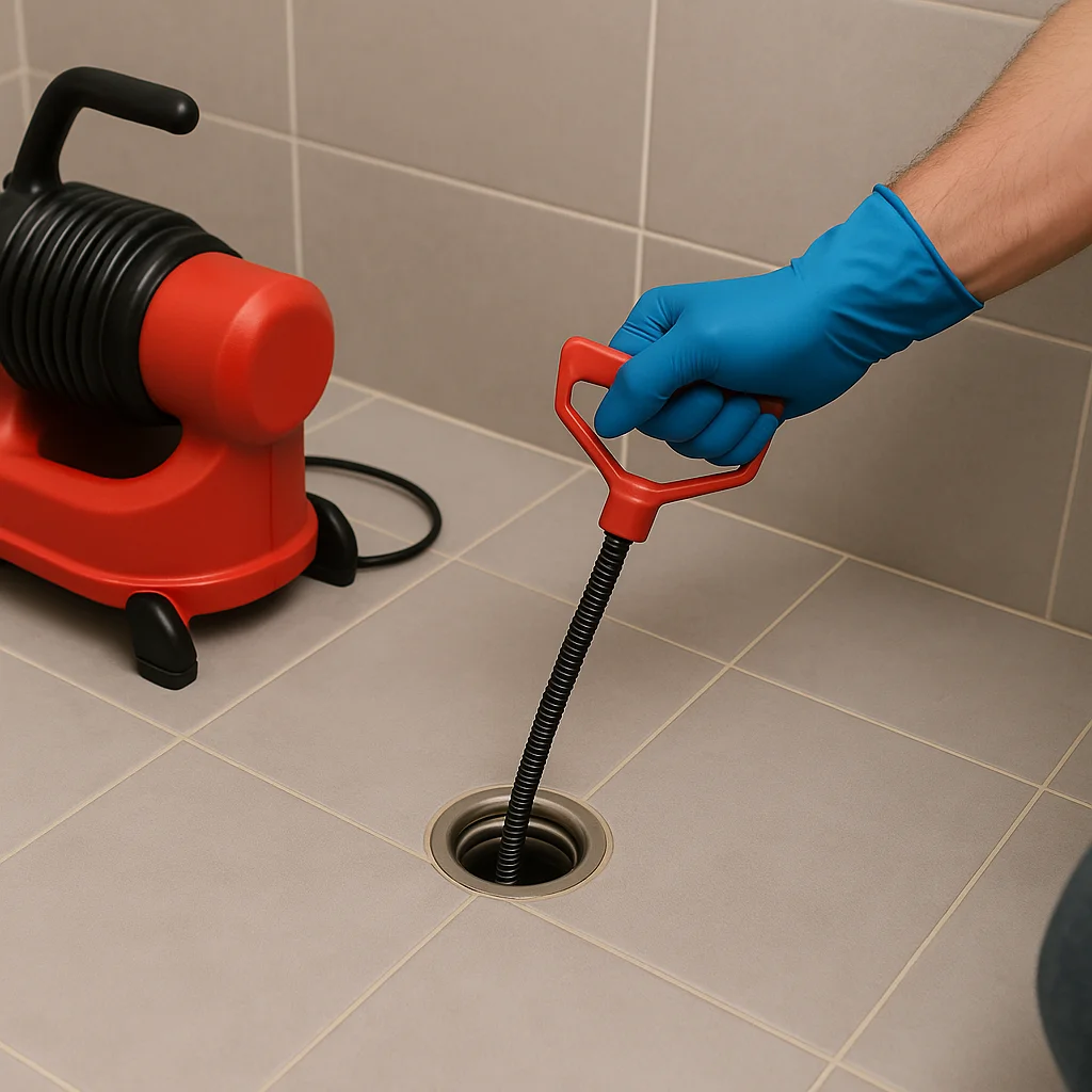Loodgieter met blauwe handschoen gebruikt een rode handveer om een afvoer te ontstoppen op een nette tegelvloer.