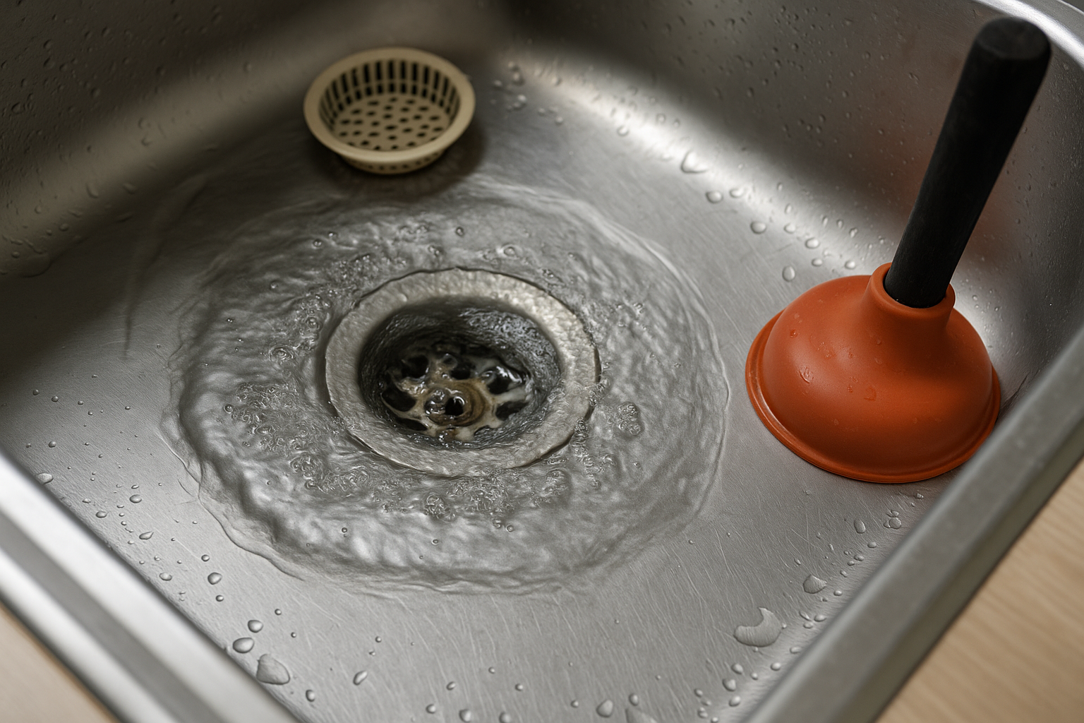 Close up van een roestvrijstalen gootsteen met draaiend water rond de afvoer en een ontstopper ernaast.