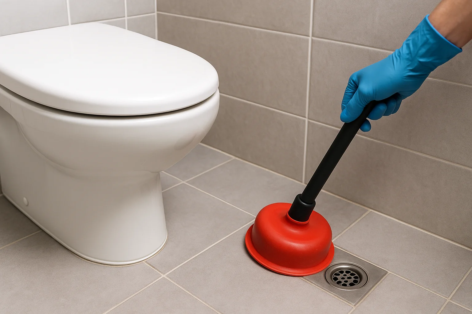 Vakman met blauwe handschoen gebruikt een rode ontstopper bij een afvoer naast een toilet, in een schone badkamer met grijze tegels.