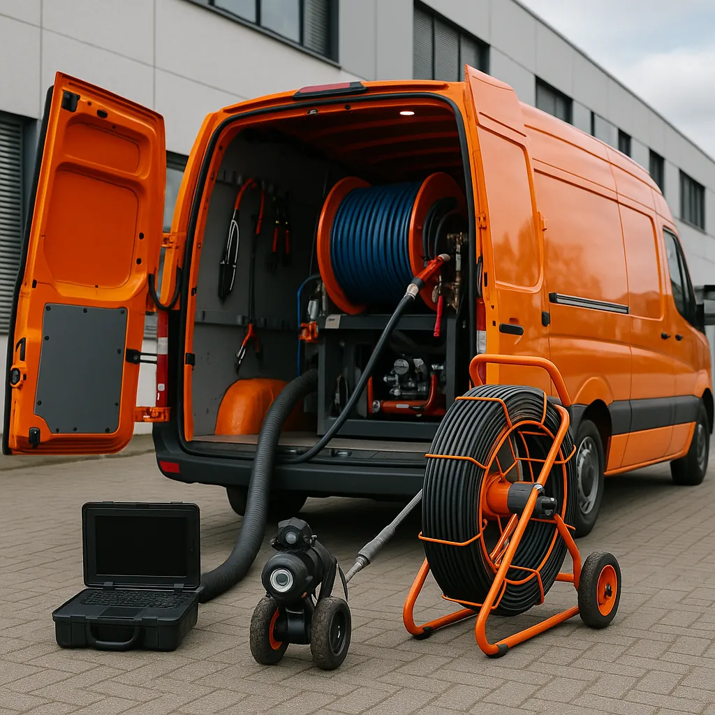 Oranje rioolservice bus met open achterdeuren en camerawagen en haspel op parkeerterrein.