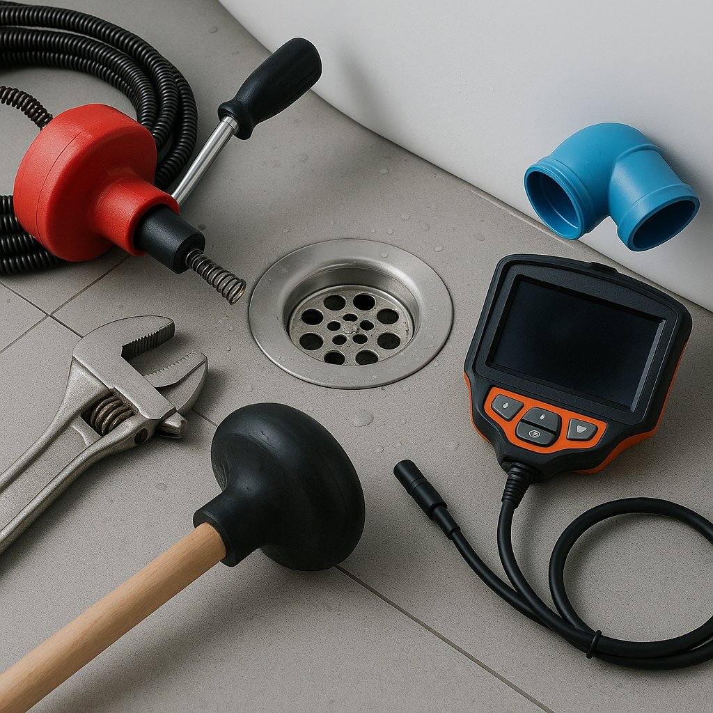Diverse ontstoppingsgereedschappen, waaronder een ontstopper, veer, moersleutel en inspectiecamera, liggen rondom een afvoerputje op een natte tegelvloer.
