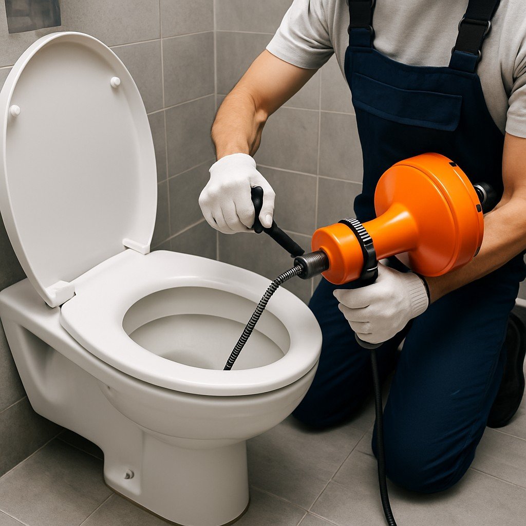 Monteur ontstopt een wc met een professionele elektrische rioolveer in een moderne badkamer.