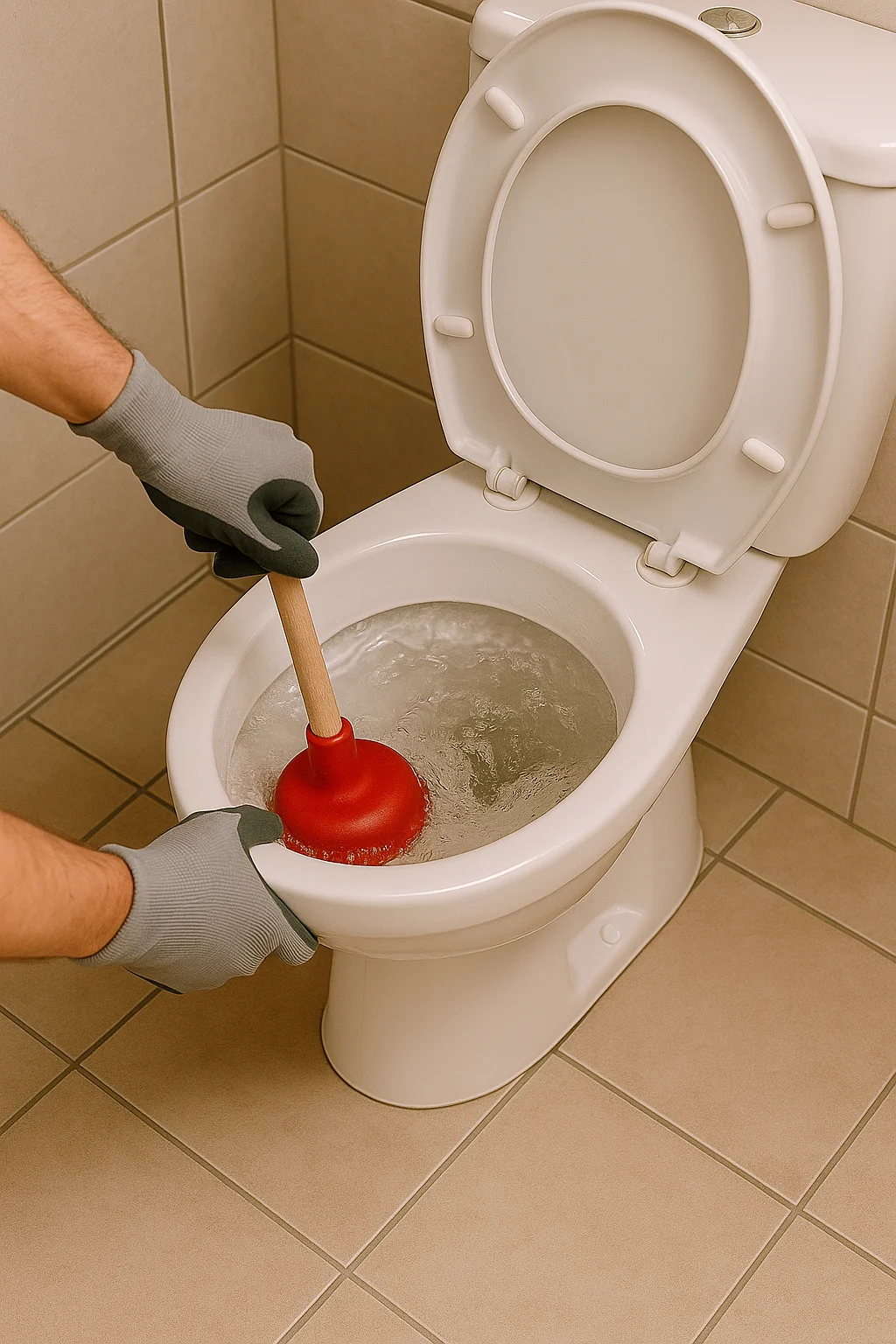 Loodgieter gebruikt een rode plopper om een verstopte wc te ontstoppen in een moderne badkamer.