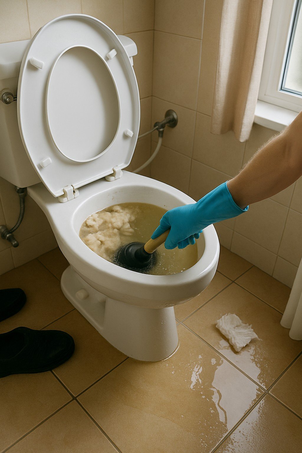 Hand met blauwe handschoen gebruikt een plopper op een verstopt toilet met hoog waterpeil