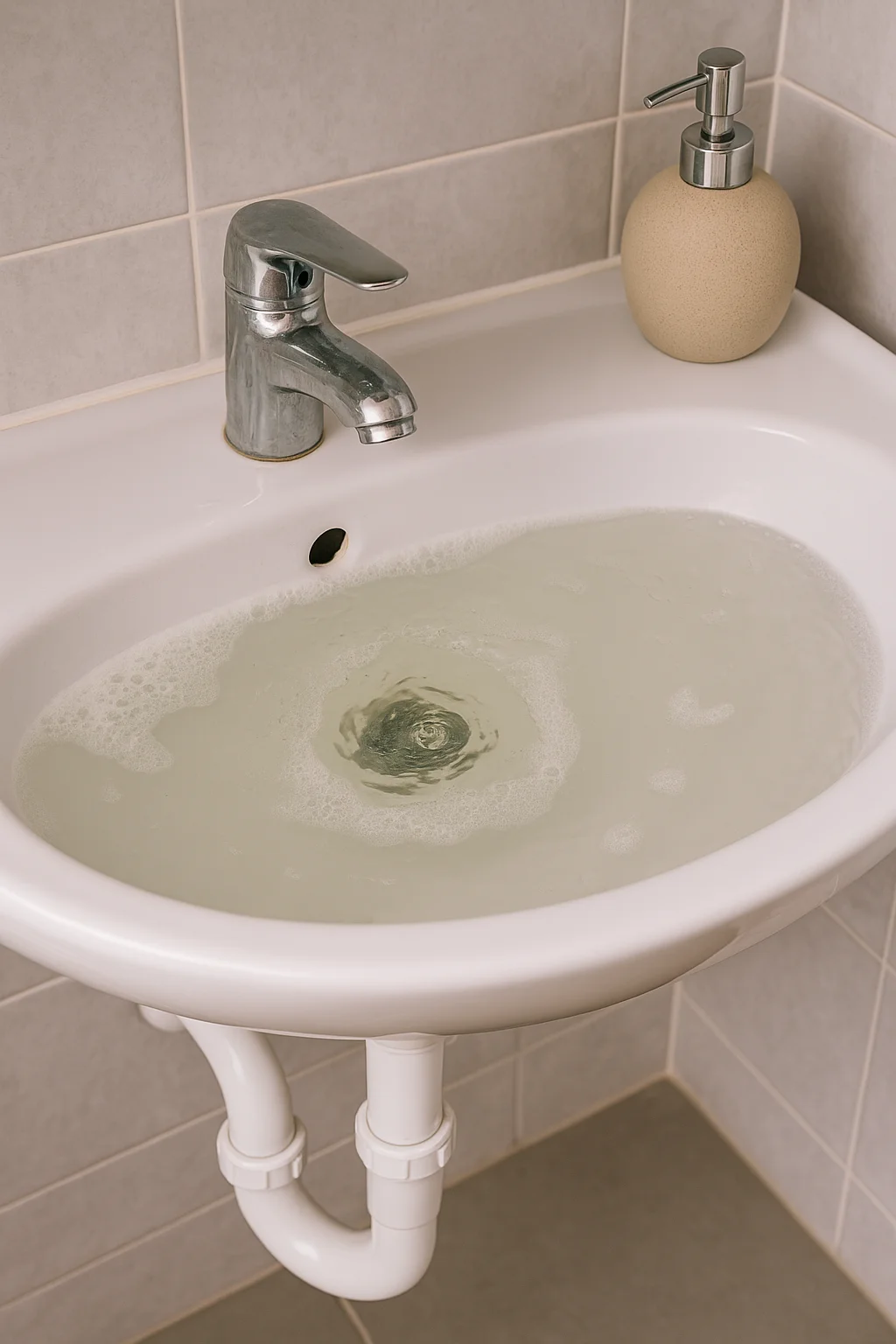 Wastafel met stilstaand water door een verstopte afvoer in badkamer.