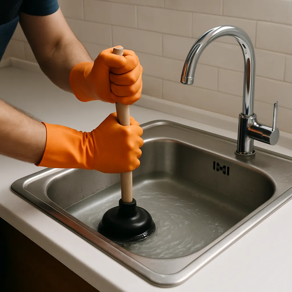 Plumber met oranje handschoenen die een verstopte keuken­gootsteen ontstopt met een rubberen ontstopper.