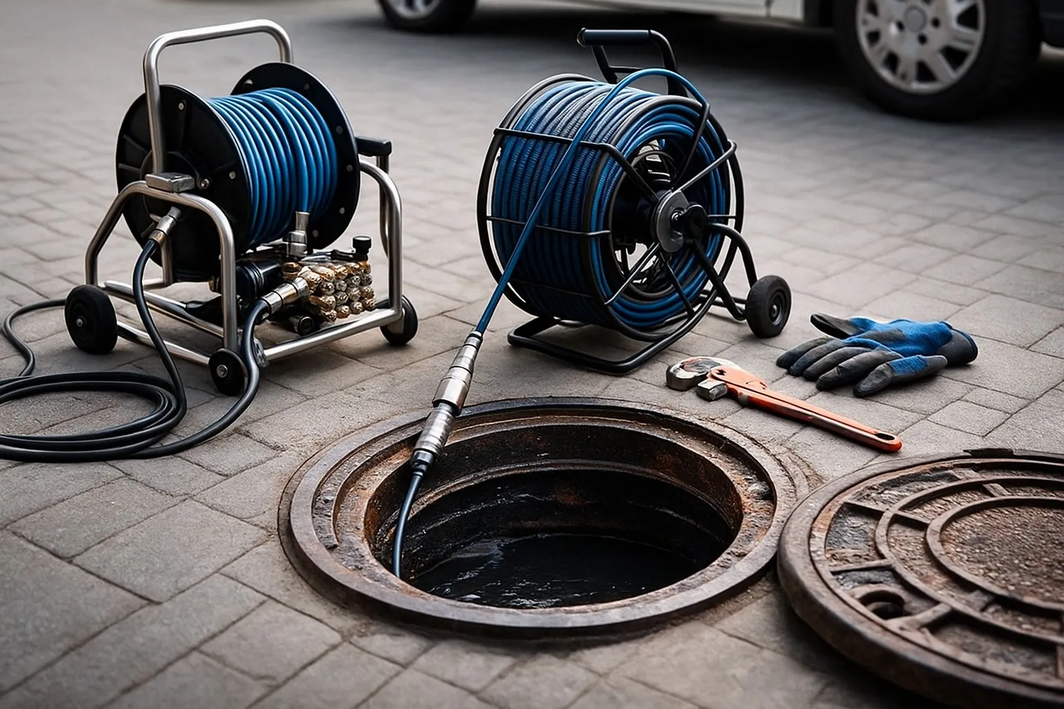 Professionele rioolreinigingsapparatuur met hogedrukslang bij een geopend putdeksel.