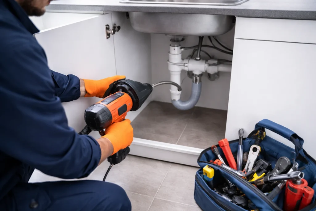 Monteur ontstoppen afvoer onder keuken gootsteen met ontstoppingsmachine, gereedschapskoffer ernaast.