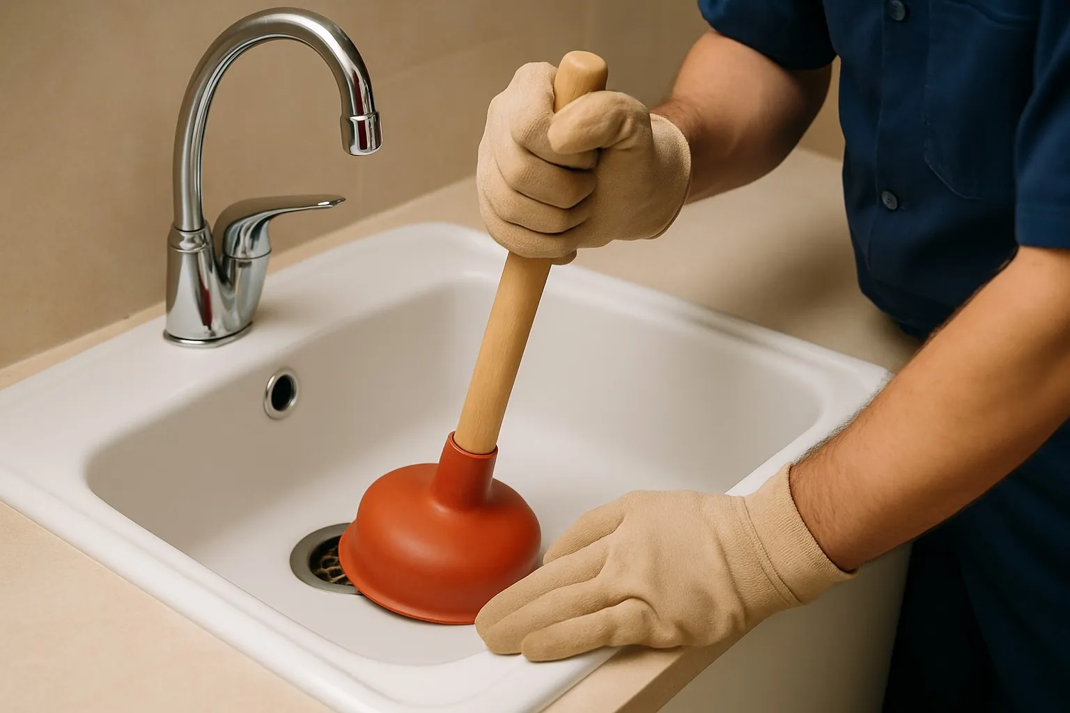 Monteur met handschoenen gebruikt een rode ontstopper om een verstopte gootsteen te reinigen.