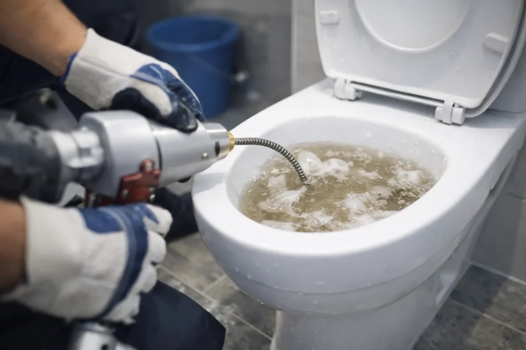 Monteur met werkhandschoenen gebruikt een ontstoppingsmachine met veer om een verstopte wc te ontstoppen; water in de pot kolkt.