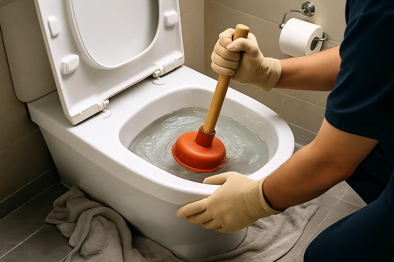 Monteur met handschoenen gebruikt een rode ontstopper om een verstopt toilet te ontstoppen.