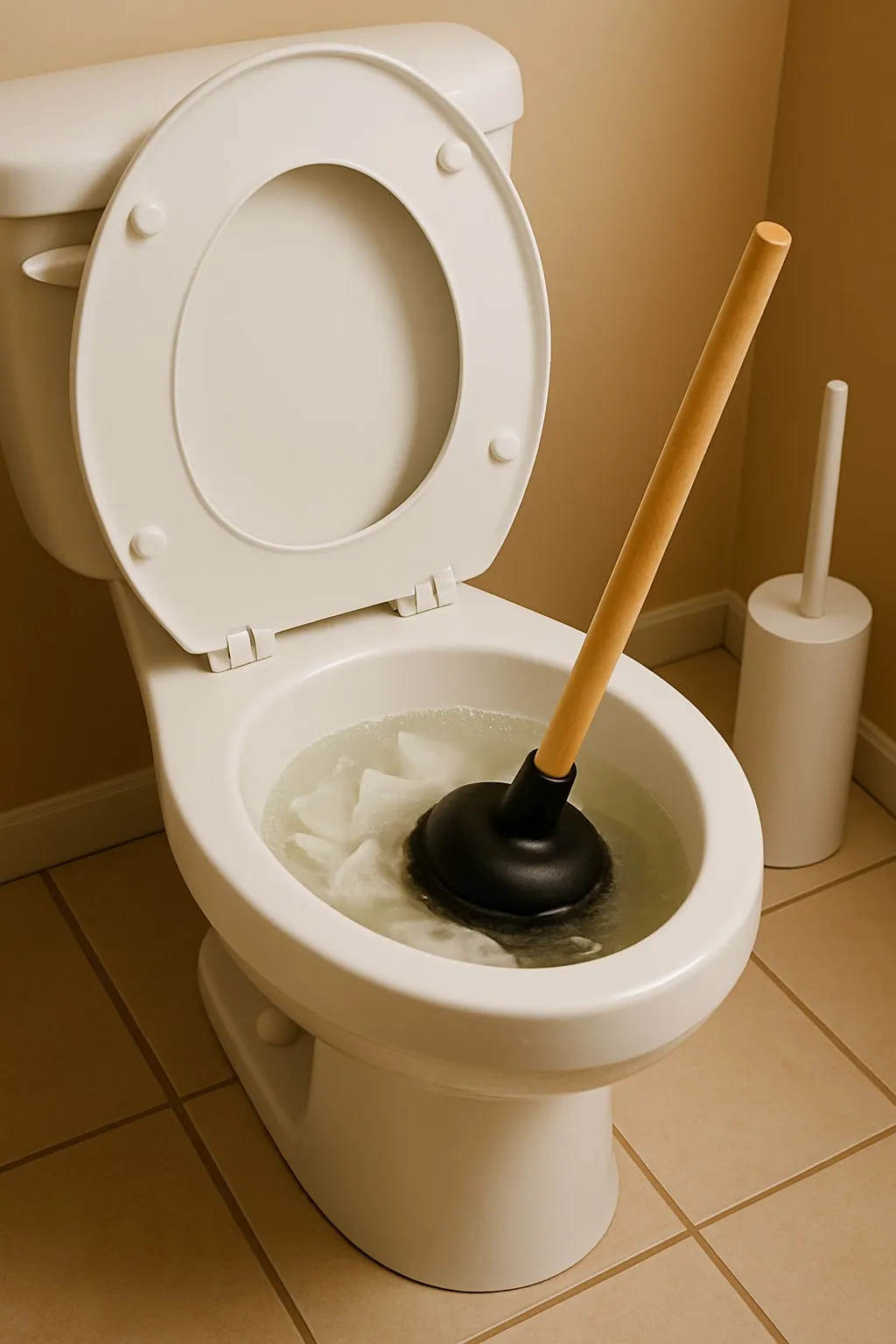 Verstopte wc met een rubberen plopper in de pot gevuld met papier en water.